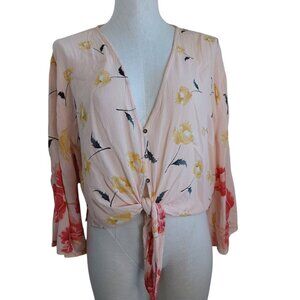 Billabong Top Pink Floral Tie Front Boho‎ Lightweight Beach Crop Womens Large